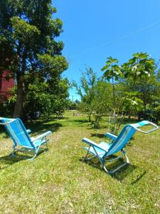 two blue chairs sitting in the grass in a field at Casa de Amelia (Punta Rubia) in La Pedrera +28 photos