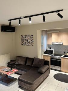 ein Wohnzimmer mit Sofa und eine Küche in der Unterkunft Noufaro in Náousa (Imathia)