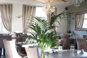 a restaurant with tables and chairs and a plant at Hôtel Le Vouglans - Restaurant La Valouse in Orgelet