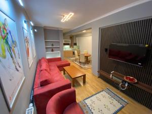 a living room with a red couch and a flat screen tv at Bjelašnica Babin do Apartman in SJJ