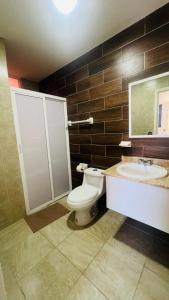 un bagno con un water, un lavandino e uno specchio di Hotel Plaza del Ángel a Huajuapan de León