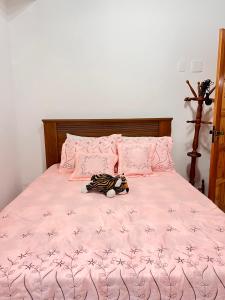 a pink bed with a stuffed animal laying on it at Angra Sea House in Angra dos Reis +20 photos
