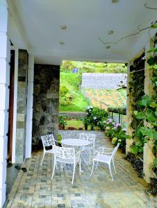 a table and chairs on a patio with a painting on the wall at New Pensive Villa in Nuwara Eliya