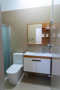 ein Badezimmer mit Toilette, Waschbecken und Spiegel in der Unterkunft Samaik Cottage in Thulusdhoo