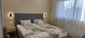 a bedroom with a large bed and a window at Apartamenty Gościnne CMN BERTA ROGUS in Przeźmierowo