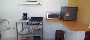 a kitchen with a stove and a microwave on a counter at Terraza Amecameca in Amecameca de Juárez