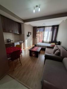 a living room with a couch and a table at Bubi bakuriani in Bakuriani