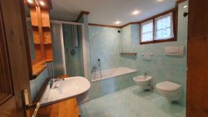 ein Badezimmer mit Badewanne, Toilette und Waschbecken in der Unterkunft Chalet Alba in Cortina d'Ampezzo + 25 Fotos