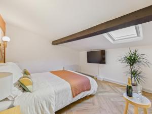 una camera da letto con un letto e una TV a schermo piatto di L'Evasion Tropicale - idéal couple - sauna - baignoire balnéo LED - TV 4K Ambilight 130cm - parking gratuit à 2 pas du logement - wifi - maison médiévale sur 2 étages - entièrement rénovée 37m2 a Bargemon