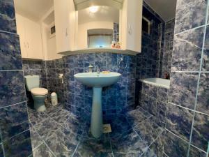 un bagno piastrellato blu con lavandino e WC di Căsuța Tenu a Craiova