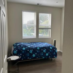 una camera da letto con un letto con lenzuola a pois e due finestre di Tranquility home a Hayward