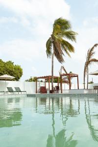 einen Pool mit einer Palme und einem Spielplatz in der Unterkunft Hotel Ilha do Marajó by Unna in Soure
