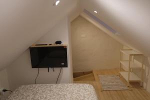 a bedroom with a bed and a television in a attic at Les campanules in Lanvénec