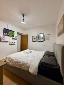 a bedroom with a bed and a tv on the wall at Krid Tirana Studio Flat in Tirana