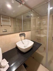 ein Badezimmer mit Waschbecken und Dusche in der Unterkunft Forest Hill Resorts in Pahalgām + 19 Fotos