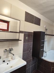 een badkamer met een wastafel, een spiegel en een bad bij Chalúpka Paci in Ždiar