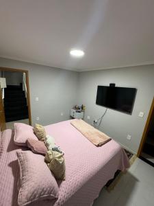 een slaapkamer met een bed met roze lakens en een flatscreen-tv bij Triplex in Village - Santos SP in Santos