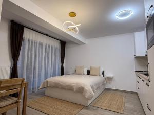 a white bedroom with a bed and a window at The View Studio 2 Busteni in Buşteni