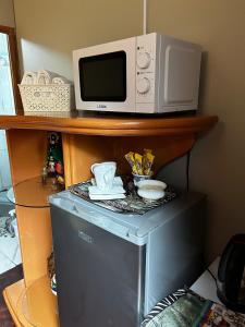 a microwave sitting on top of a refrigerator at Garden Studio in Waterkloof Ridge in Pretoria