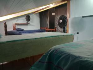1 dormitorio con 2 camas y ventilador en la pared en Hostel & Cia Itanhaém, en Itanhaém