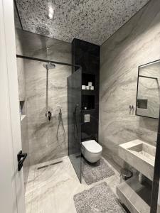 ein Badezimmer mit Dusche, Toilette und Waschbecken in der Unterkunft Luxury Penthouse in Ferizaj + 9 Fotos