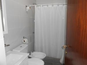 een badkamer met toilet en douchegordijn bij Apart Hotel Los Angelitos in Federación