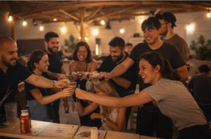een groep mensen die rond een tafel staan en wijnglazen vasthouden bij Doña Rose Surf Hostel in Las Palmas de Gran Canaria +34 foto's