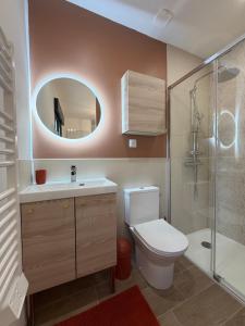 een badkamer met een toilet, een wastafel en een douche bij T2 Dream in Périgueux