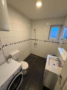 a bathroom with a white toilet and a sink at White Villa Blažuj in Blažuj +12 photos