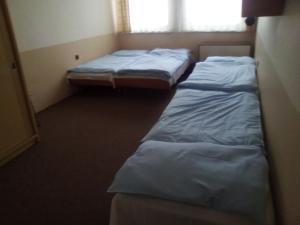 two beds in a small room with a window at Penzion Koniklec in Jestrabi V Krkonosich