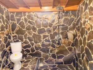 a stone bathroom with a toilet and a shower at Wimala Farm House in Munduk +65 photos