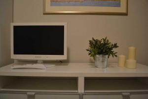 a desk with a computer monitor and a potted plant at La Salvia e Il Lampone in Pove del Grappa