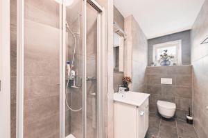 a bathroom with a shower with a toilet and a sink at Briger Ferienwohnung direkt in der Stadt Brig in Brig +16 photos