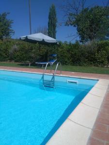 einen Stuhl und einen Regenschirm in einem Pool in der Unterkunft Casa ai Carfini in Poggibonsi