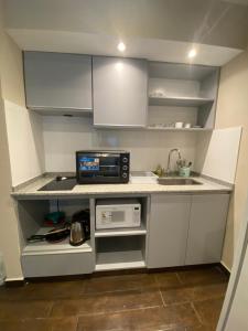 a kitchen with a counter with a microwave and a sink at Dpto Temporario 1 - Corrientes - PQ ALQUILERES TEMPORARIOS in Corrientes +5 photos