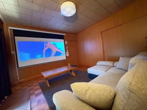 a living room with two couches and a flat screen tv at Nikko Central GOKO STAY in Nikko