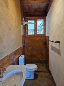a bathroom with a toilet and a sink and a window at Casa Solar in São Bento do Sapucaí