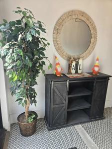 Un armario negro con un espejo y una planta en maceta. en Nomad Pad, en Detroit 3 fotos más