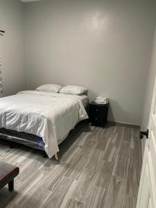 een slaapkamer met een bed en een houten vloer bij Beach house in Tela