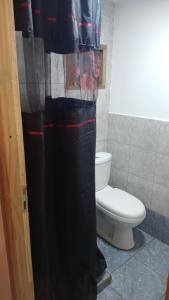 a bathroom with a toilet and a black shower curtain at Paraje Sur in Ushuaia