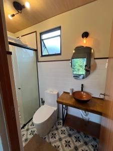 un piccolo bagno con un water e un lavandino di chalé cilla a Caparaó Velho