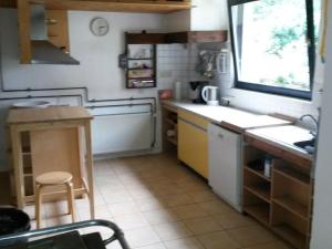 een kleine keuken met een wastafel en een raam bij Main building Neumühle in Lutzerath +11 foto's