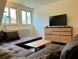 ein Wohnzimmer mit Sofa und Flachbildfernseher in der Unterkunft Dream holiday apartment Kinzigblick in Schenkenzell