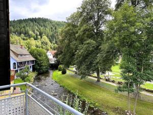 Vom Balkon eines Hauses genießen Sie Flussblick. in der Unterkunft Dream holiday apartment Kinzigblick in Schenkenzell