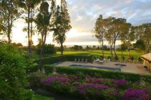 a view of a garden with purple flowers and trees at Peaceful golf retreat with shared pools in Waikoloa Village