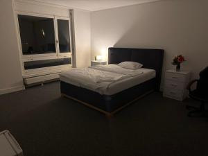 ein Schlafzimmer mit einem Bett, einem Fenster und einem Nachttisch in der Unterkunft Lindas Apartment in Dietlikon