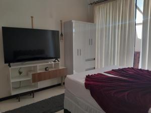 a bedroom with a flat screen tv and a bed at Pousada da Sol na Praia do Frances in Praia do Frances