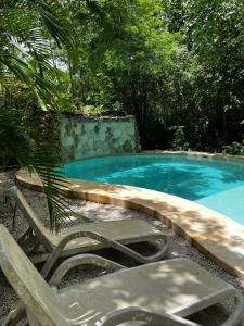 a swimming pool with a bench and a chair next to it at Aldea Yuyu in Tulum +70 photos