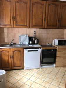 - une cuisine avec des placards en bois et un lave-vaisselle blanc dans l'établissement le flocon chaud sauna, à La Bresse