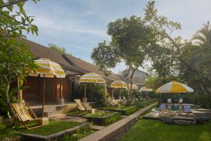 a row of chairs and umbrellas in front of a resort at Shelter Island in Ubud